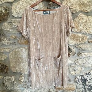 Anthropologie Floreat Chemise Beige Crushed Velvet Sack Shift Dress with Pockets